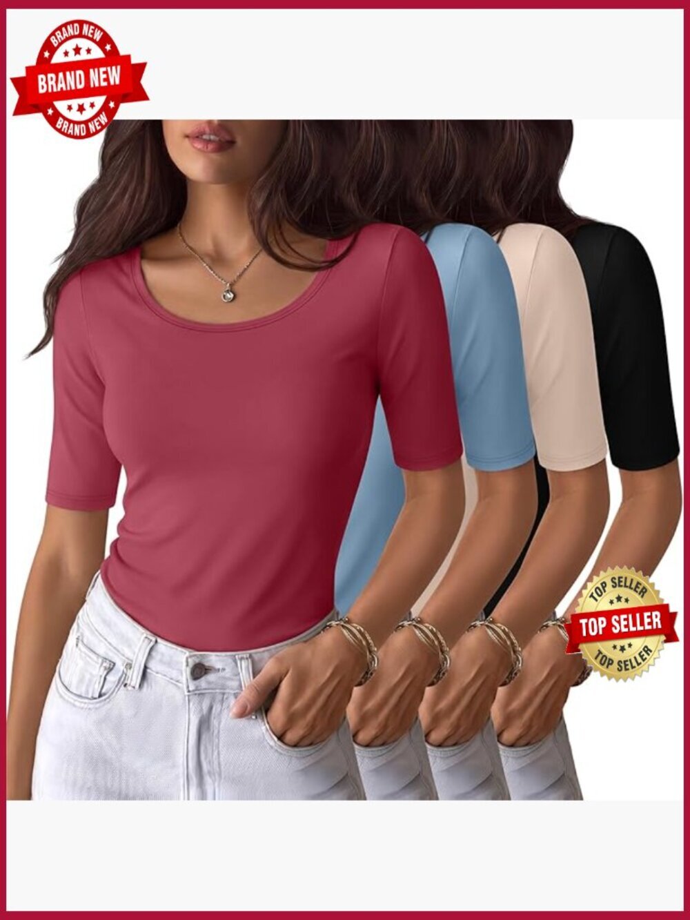 4 Pack Scoop Neck Stretchy T-Shirts Slim Fit Half Sleeve Basic Tees